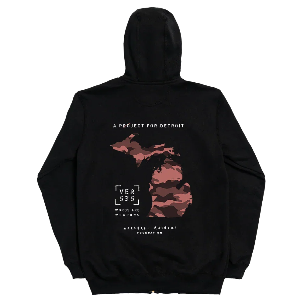 Back of the black Eminem x Detroit Vs Everybody zip up hoodie with Detroit map graphic