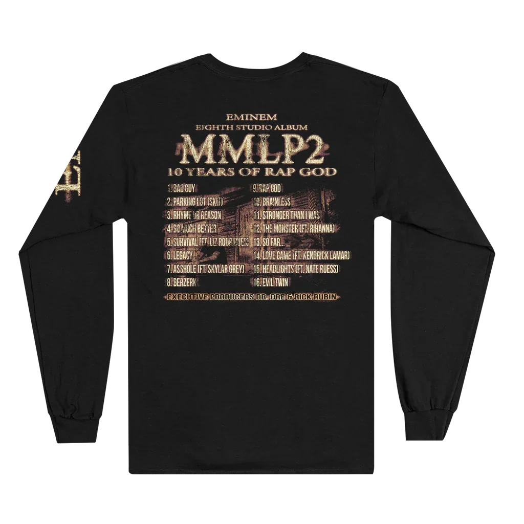 Back of the black Eminem MMLP2 Horns long sleeve with 20 Years of Rap God track list