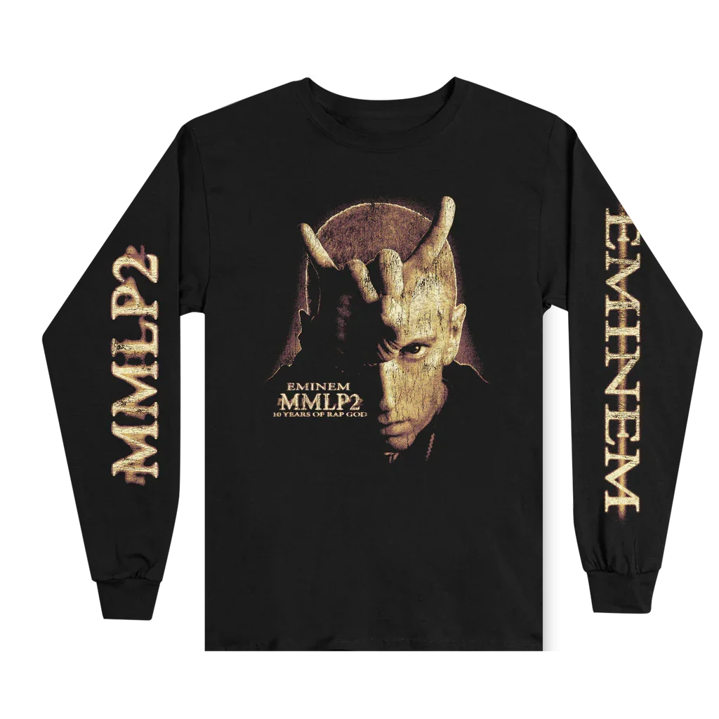 Front of the black Eminem MMLP2 Horns long sleeve with horned portrait and gold sleeves