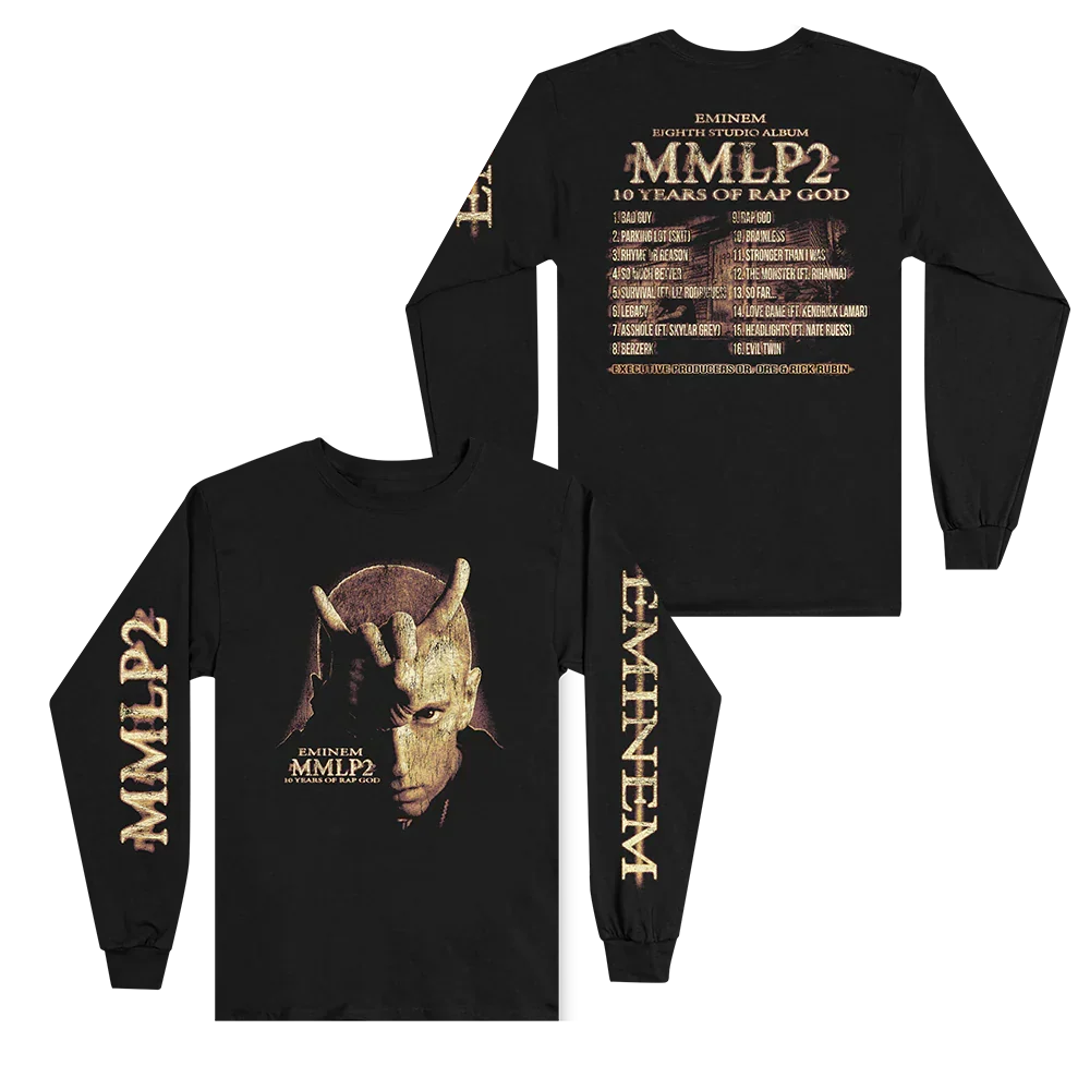 Black Eminem MMLP2 Horns long sleeve front and back flat lay with gold sleeve prints