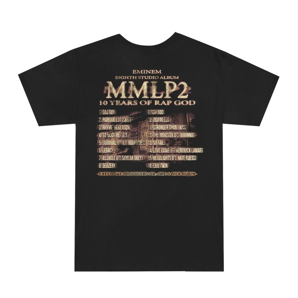Back view of the black Eminem MMLP2 Horns T-shirt showing the gold track list print