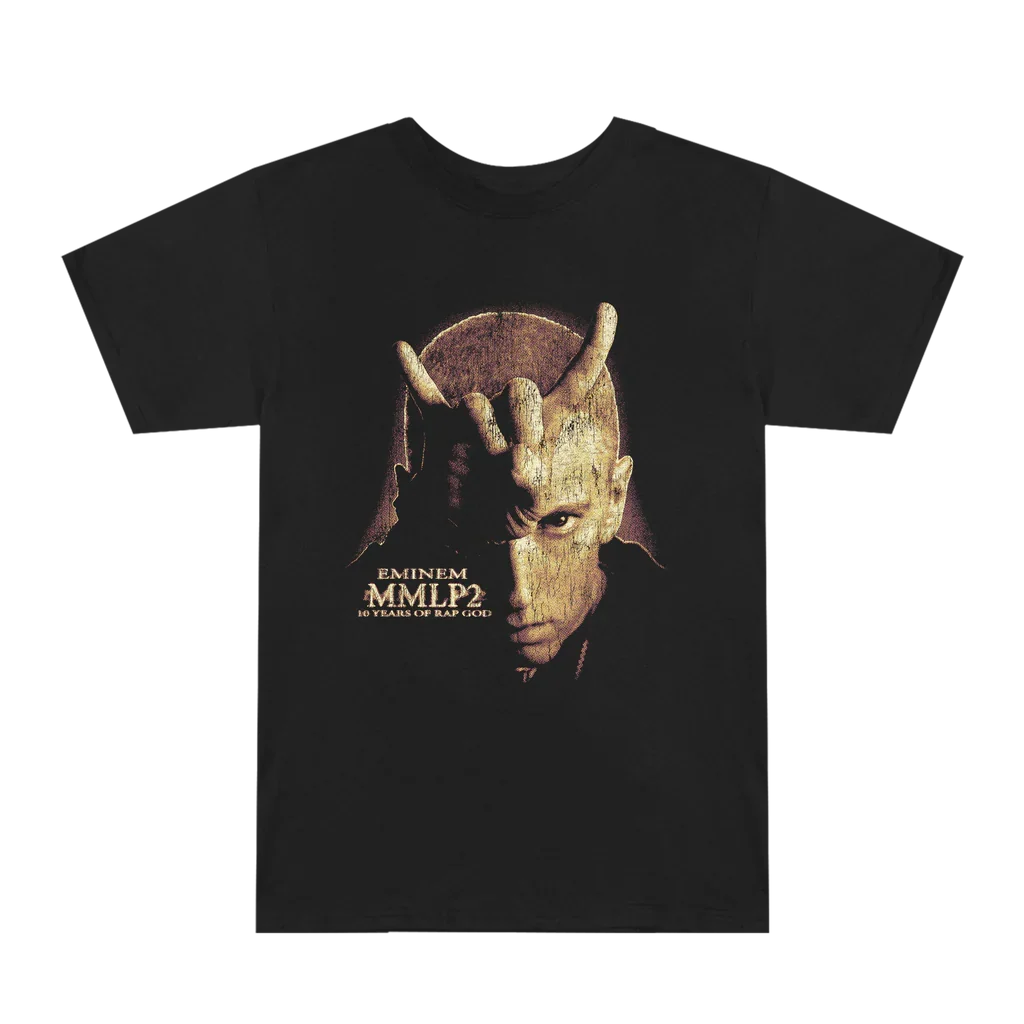 Front of the black Eminem MMLP2 Horns T-shirt with the gold horned portrait graphic