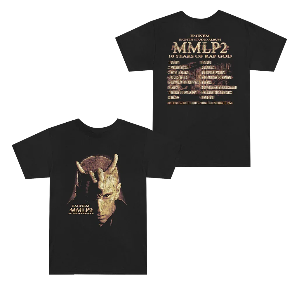 Black Eminem MMLP2 Horns T-shirt front and back flat lay with gold artwork