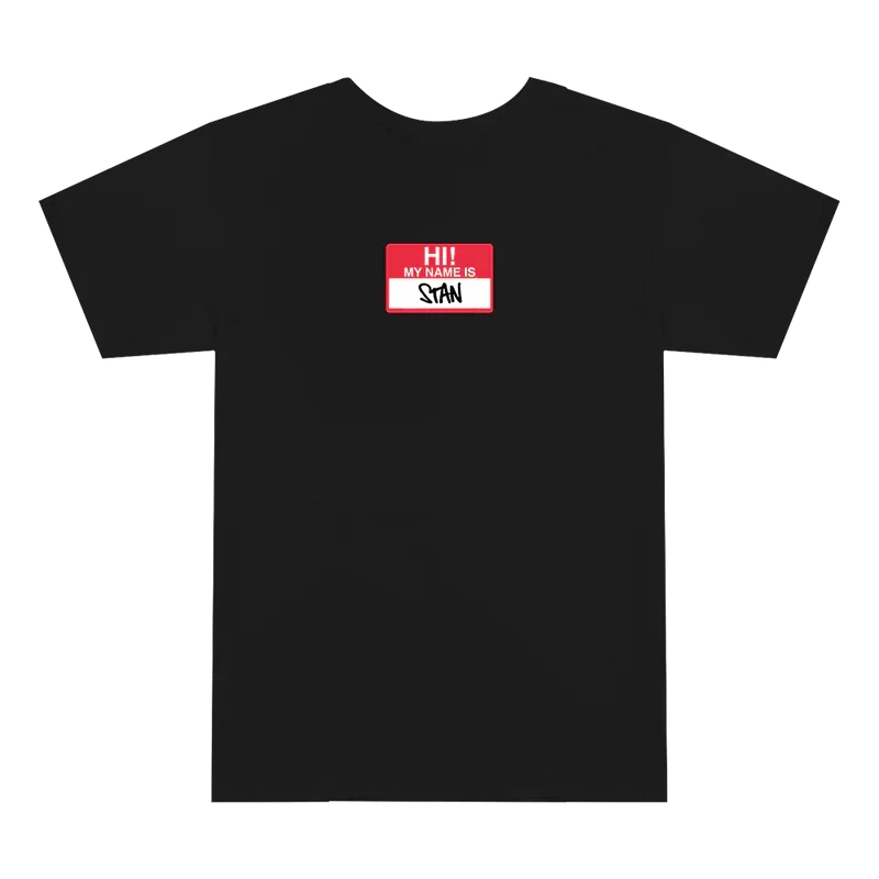 Black Eminem Hi My Name Is Stan T-shirt flat lay with the red Stan name tag print