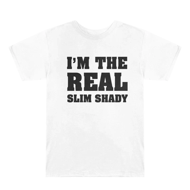 White Eminem I'm The Real Slim Shady T-shirt flat lay with bold black chest lettering