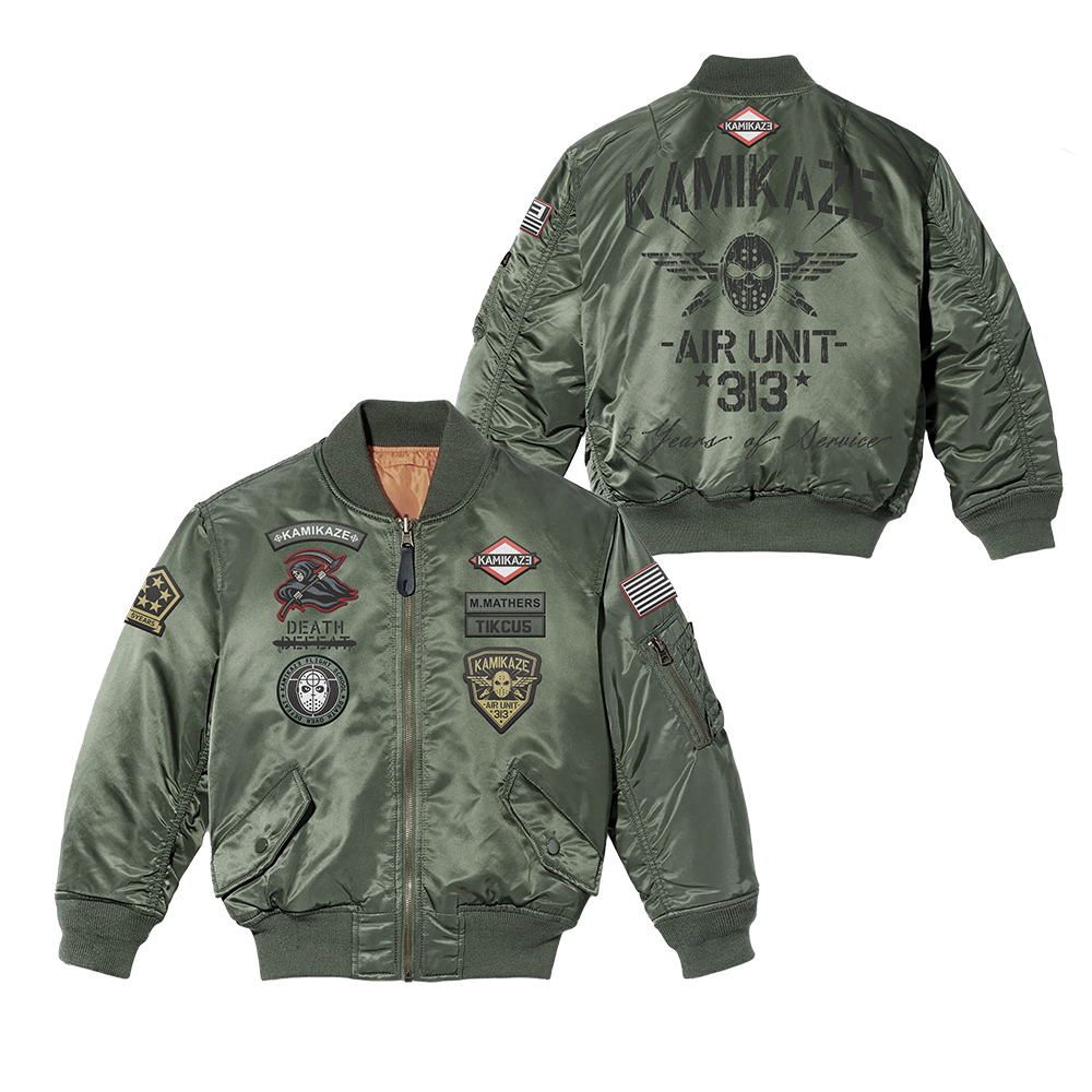 Eminem Kamikaze Pilot bomber jacket front and back flat lay in olive green nylon