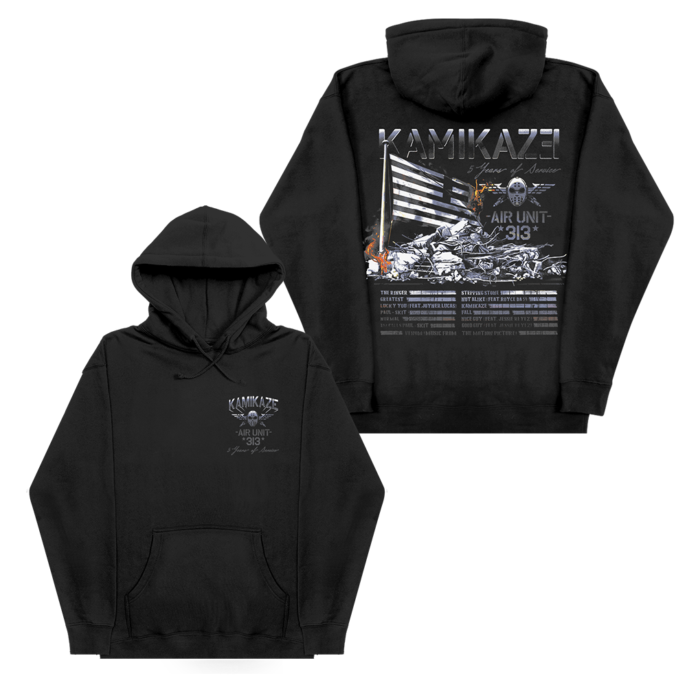 Eminem Kamikaze Flag hoodie front and back flat lay in black with plane and flag artwork