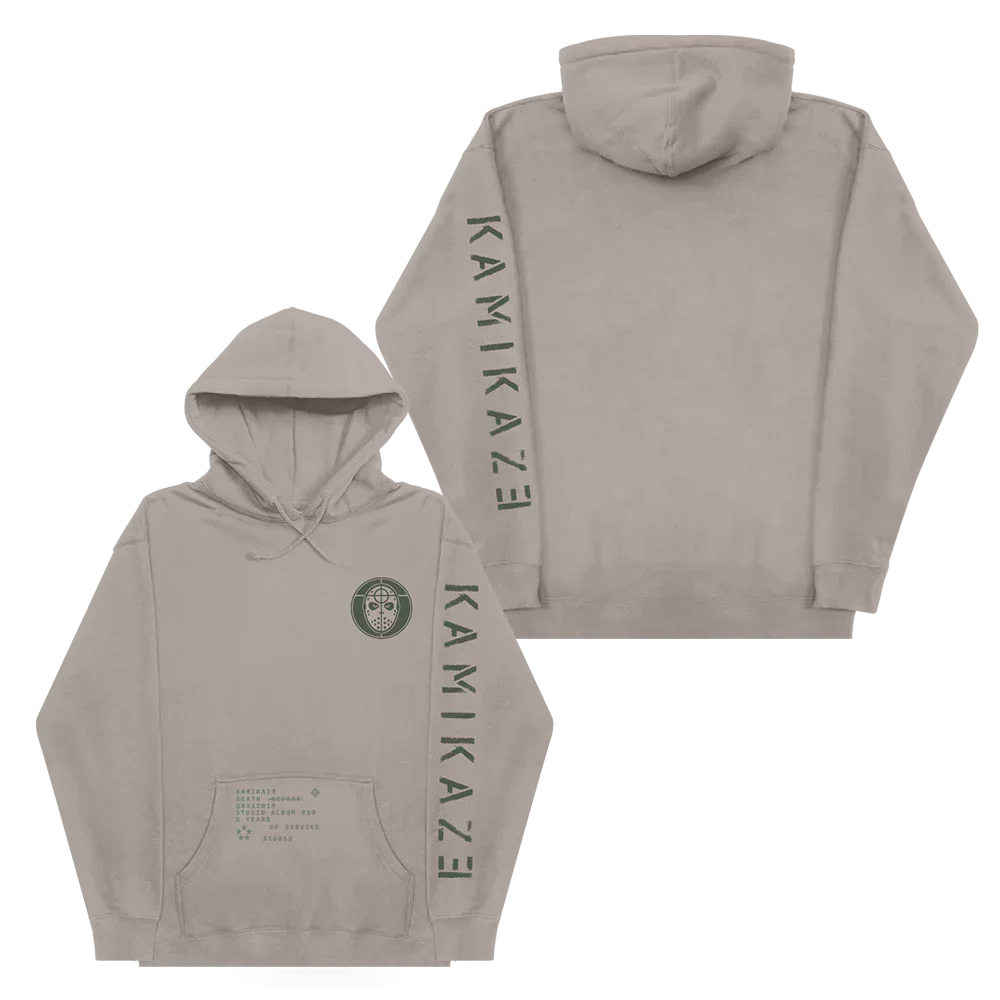 Grey Eminem Kamikaze Mask hoodie front and back flat lay with vertical sleeve lettering