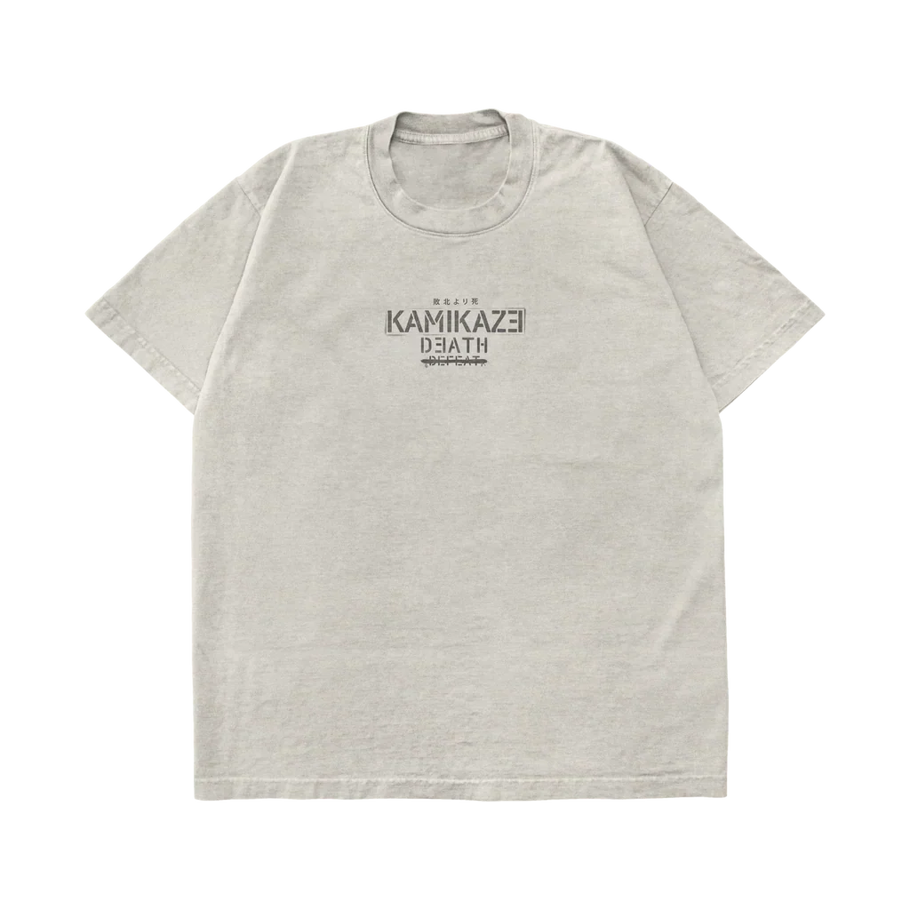 Front of the cream Eminem Kamikaze Propaganda T-shirt with small Kamikaze Death print
