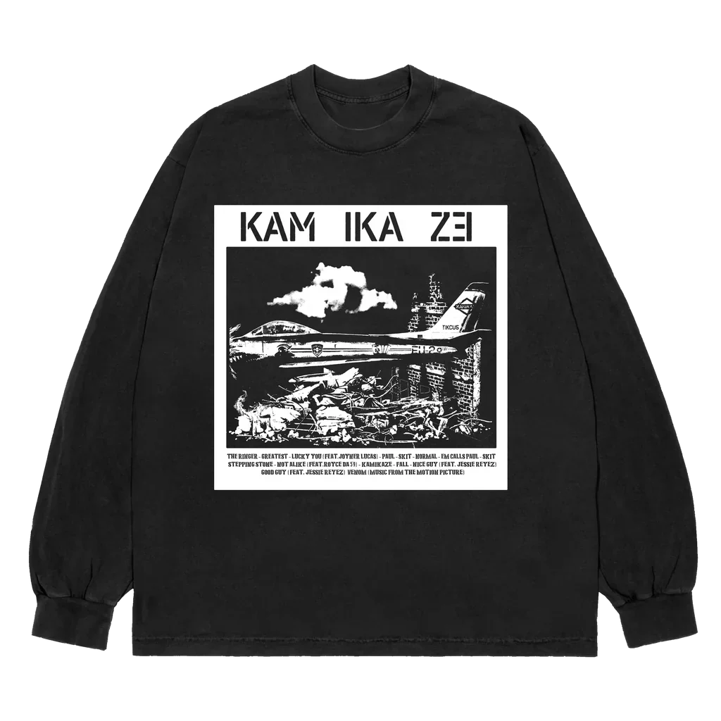 Black Eminem Kamikaze Rubble long sleeve shirt flat lay with white rubble panel print