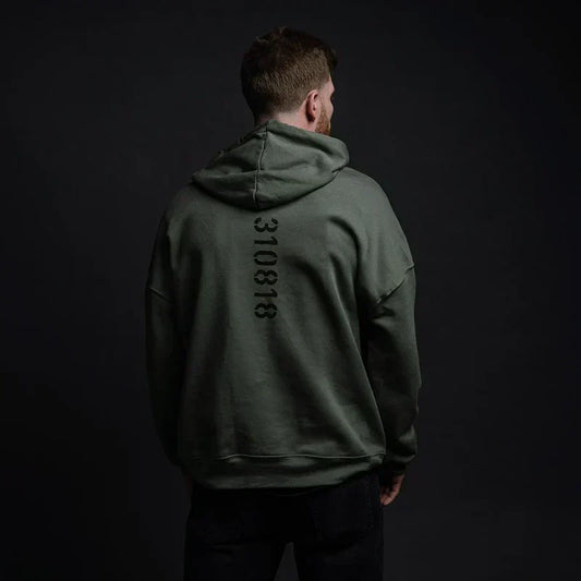 Back of the olive green Eminem Kamikaze hoodie showing the 310818 release-date print