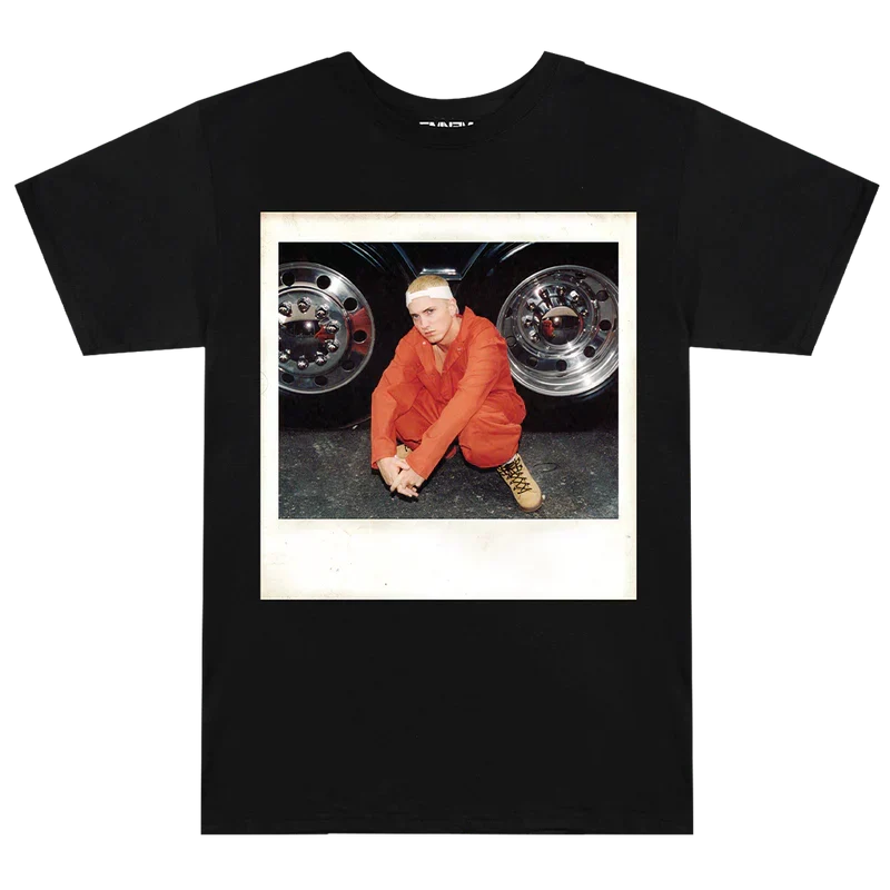 Black Eminem Polaroid T-shirt flat lay with the framed prison jumpsuit photo print