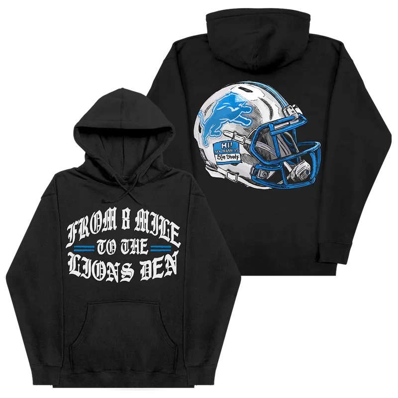 Eminem x Detroit Lions Helmet hoodie front and back flat lay in black with chrome helmet print