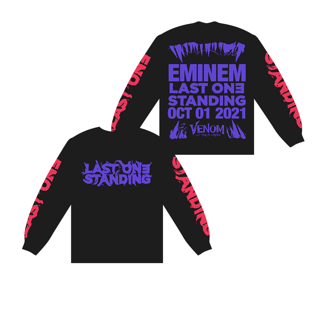 Black Eminem Venom Last One Standing long sleeve front and back flat lay in purple print