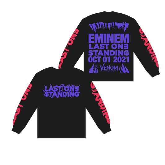 Black Eminem Venom Last One Standing long sleeve front and back flat lay in purple print