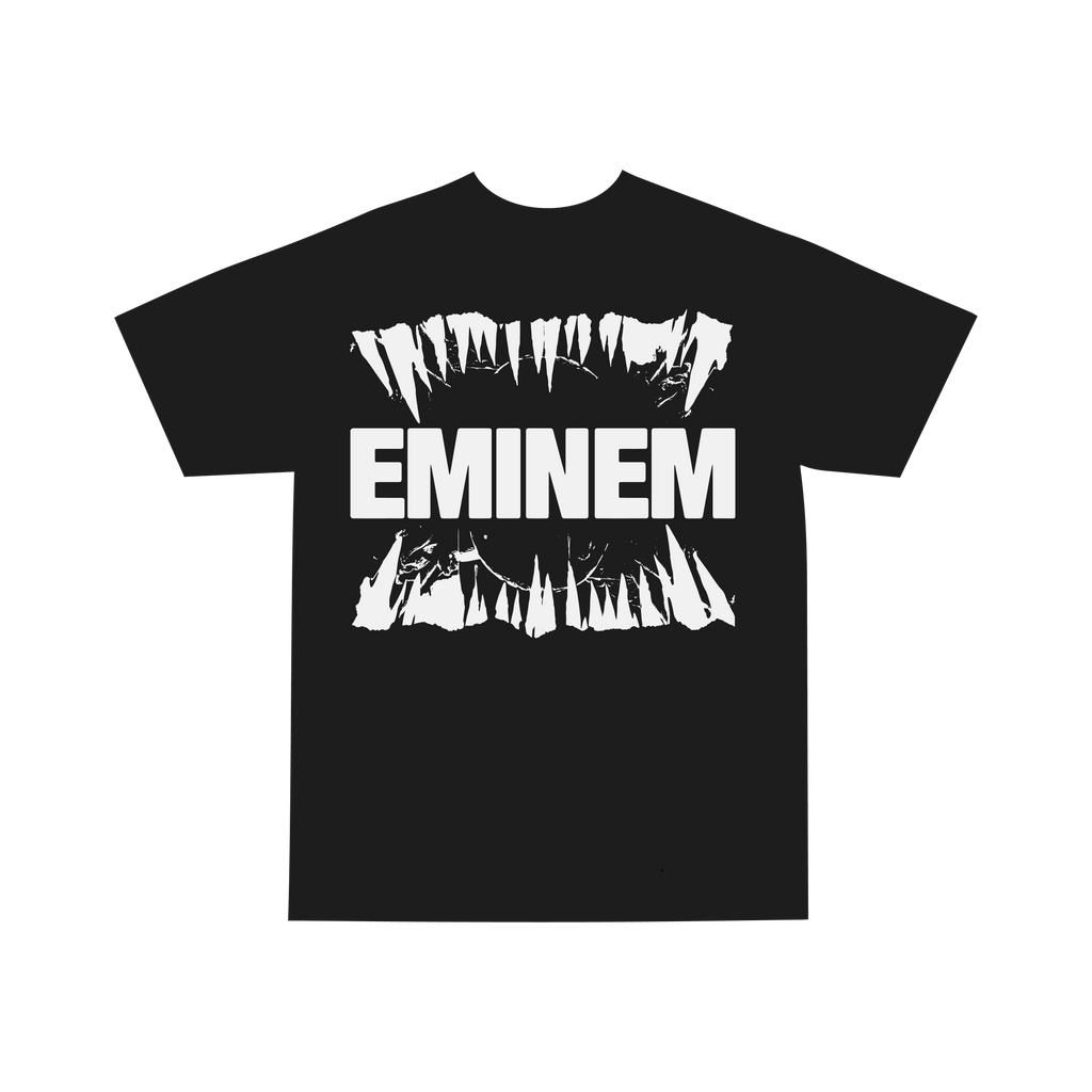 Black Eminem Venom Last One Standing T-shirt flat lay with white fang graphic