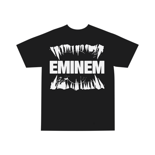 Black Eminem Venom Last One Standing T-shirt flat lay with white fang graphic