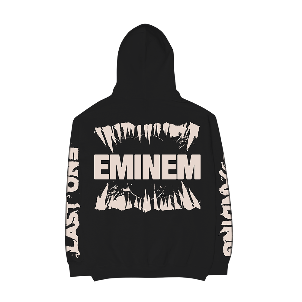Back of the black Eminem Venom Last One Standing hoodie with fangs and sleeve text