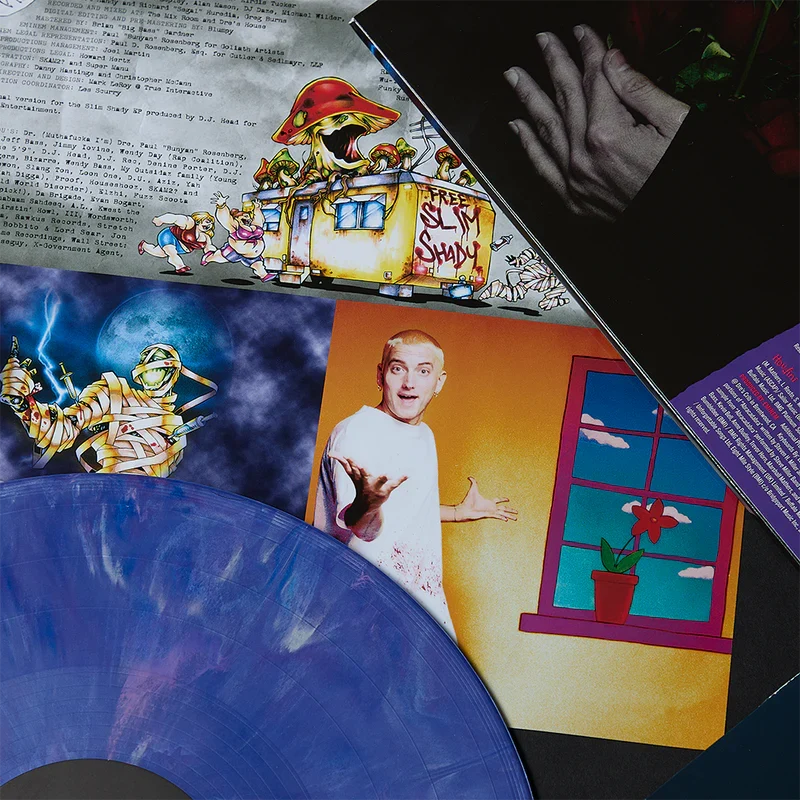 Album sleeves and blue marbled vinyl from The Shady LPs Eminem box set