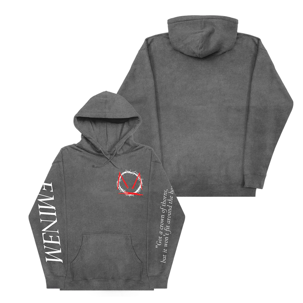Grey pigment dye Eminem MTBMB Lyric hoodie front and back with red crown of thorns graphic