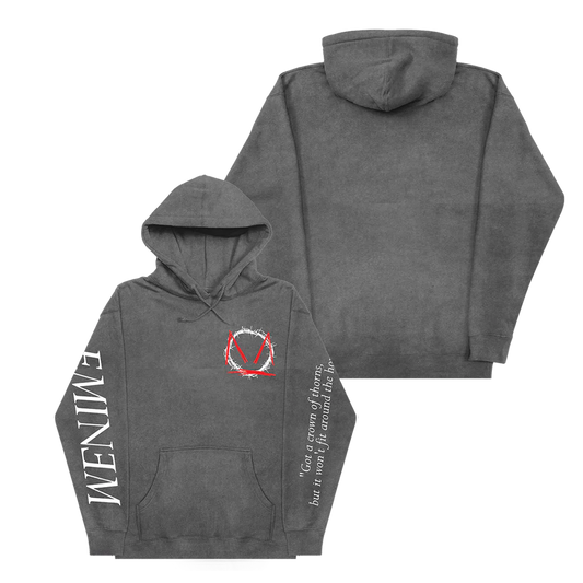 Grey pigment dye Eminem MTBMB Lyric hoodie front and back with red crown of thorns graphic