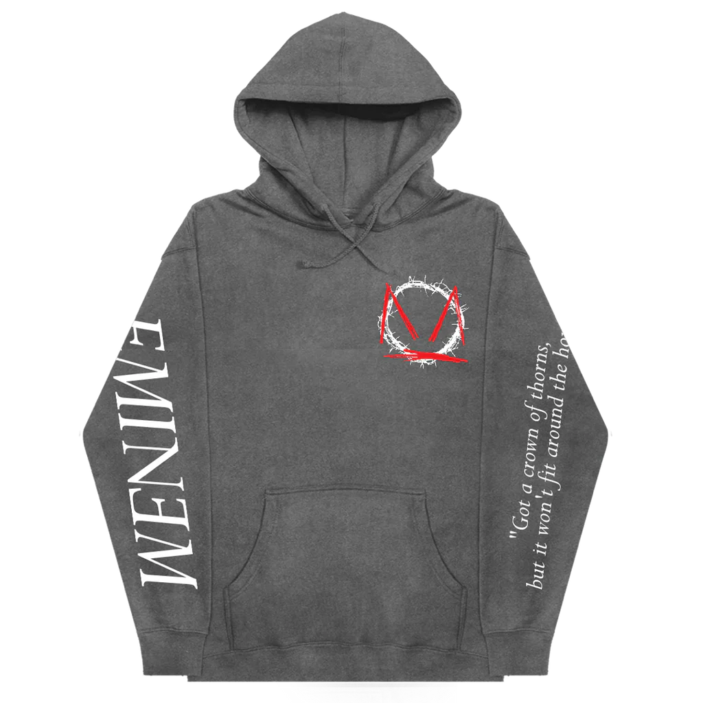 Grey Eminem MTBMB Lyric hoodie with red thorn crown print and Eminem sleeve lettering