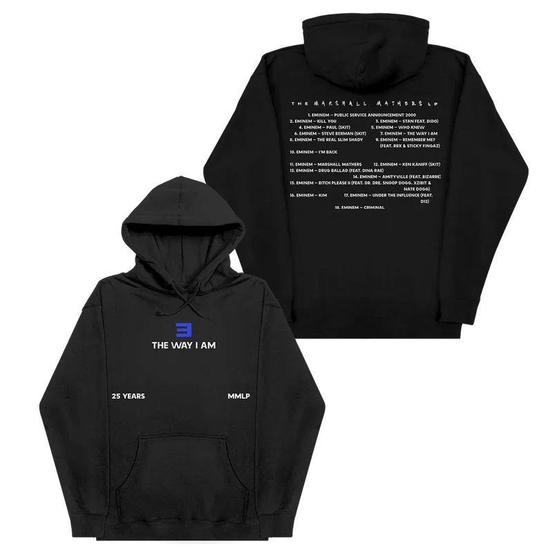 Black Eminem MMLP25 hoodie front and back flat lay with 25 Years and track list prints