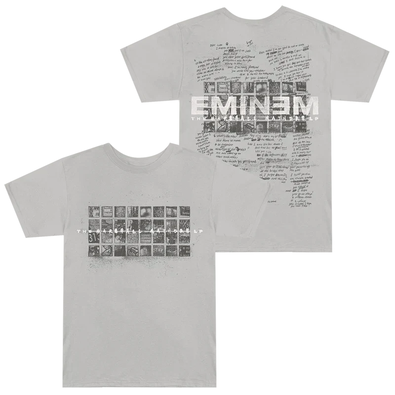 Grey Eminem MMLP25 Scribble T-shirt front and back flat lay with contact-sheet artwork