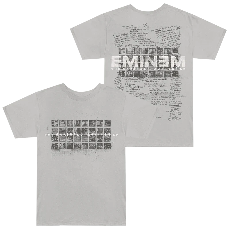 Grey Eminem MMLP25 Scribble T-shirt front and back flat lay with photo and lyric prints