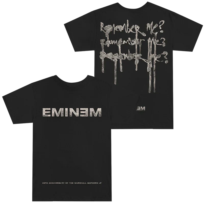Black Eminem MMLP25 Remember Me T-shirt front and back flat lay with dripping script