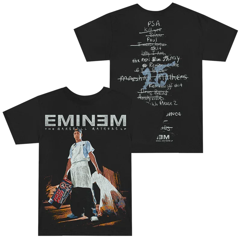 Black Eminem MMLP25 Tracklist T-shirt front and back flat lay with photo and track list