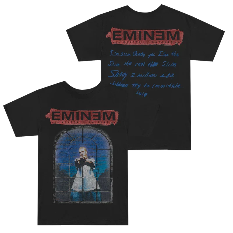Black Eminem MMLP25 Window T-shirt front and back flat lay with red logo and lyric print