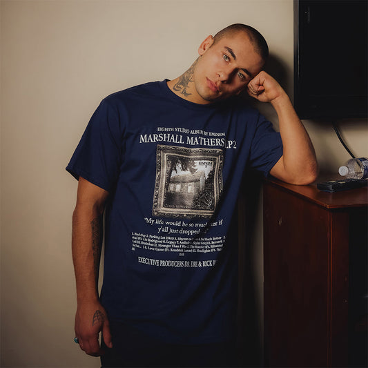 Man wearing the navy Eminem MMLP2 album T-shirt with Marshall Mathers LP2 artwork