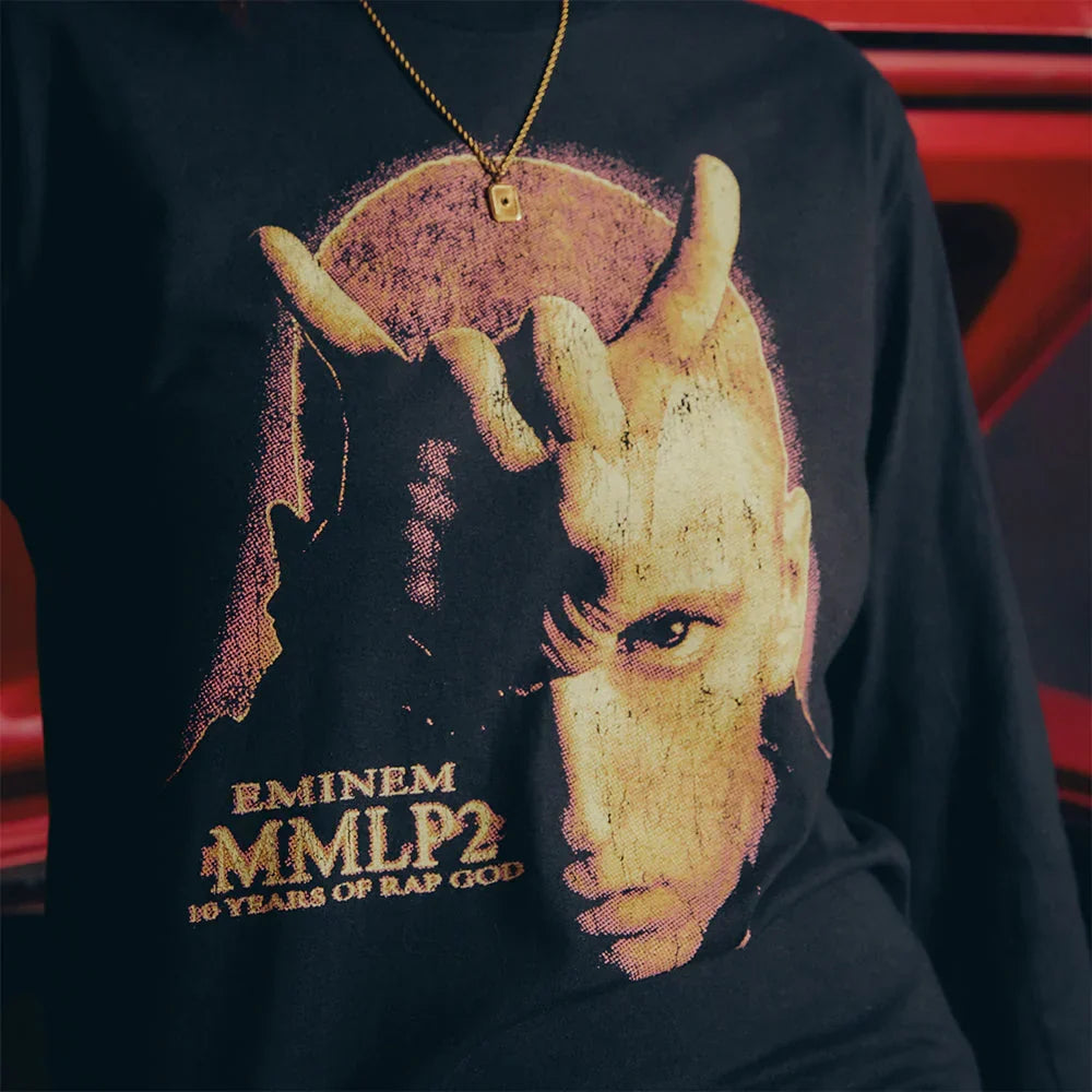 Close-up of the MMLP2 Horns chest print, 20 Years of Rap God artwork on the Eminem shirt
