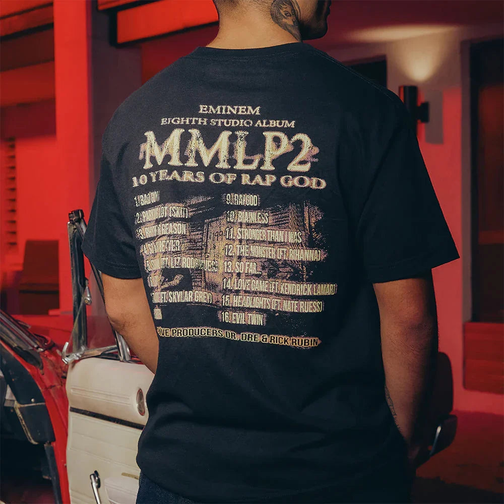 Back of the black Eminem MMLP2 Horns T-shirt with 20 Years of Rap God track list