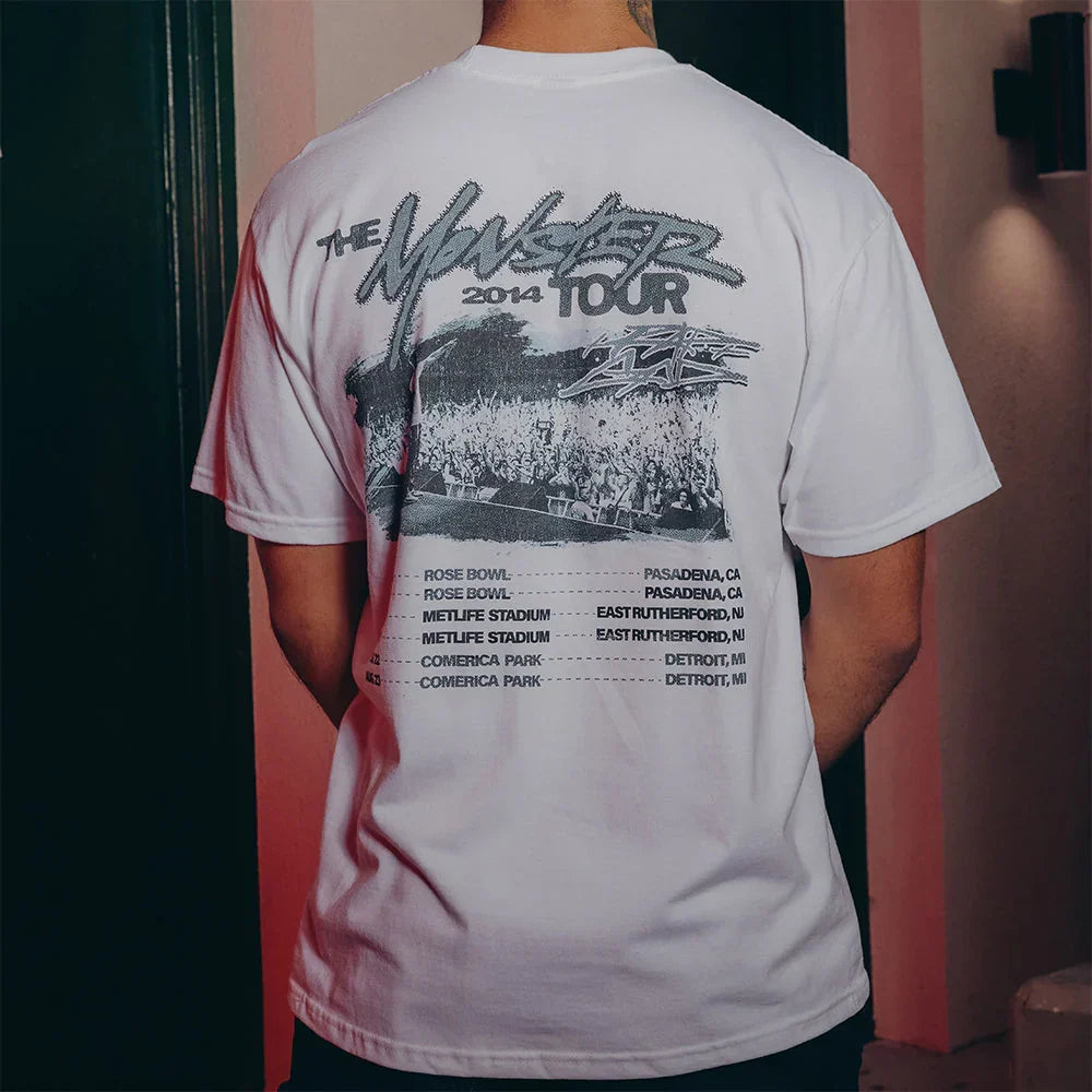 Back of the white Eminem MMLP2 Monster Tour T-shirt with stadium art and tour dates