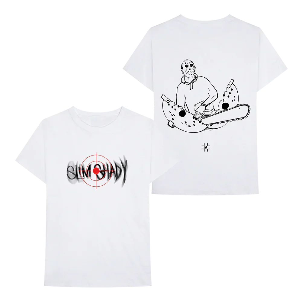 Millinsky x Eminem Mask + Saw T-shirt in white, Slim Shady target front and chainsaw back