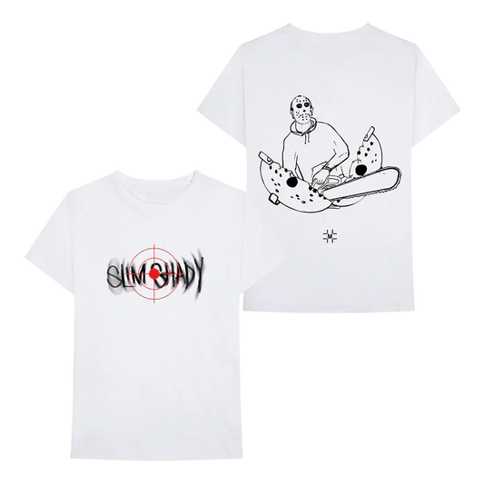Millinsky x Eminem Mask + Saw T-shirt in white, Slim Shady target front and chainsaw back