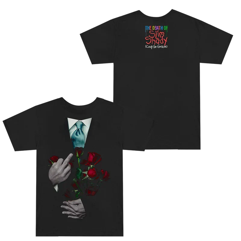 Black Eminem TDOSS Middle Finger Roses T-shirt front and back flat lay