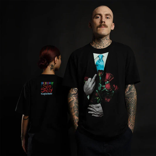 Two models in black Eminem TDOSS Middle Finger Roses T-shirts, front and back prints