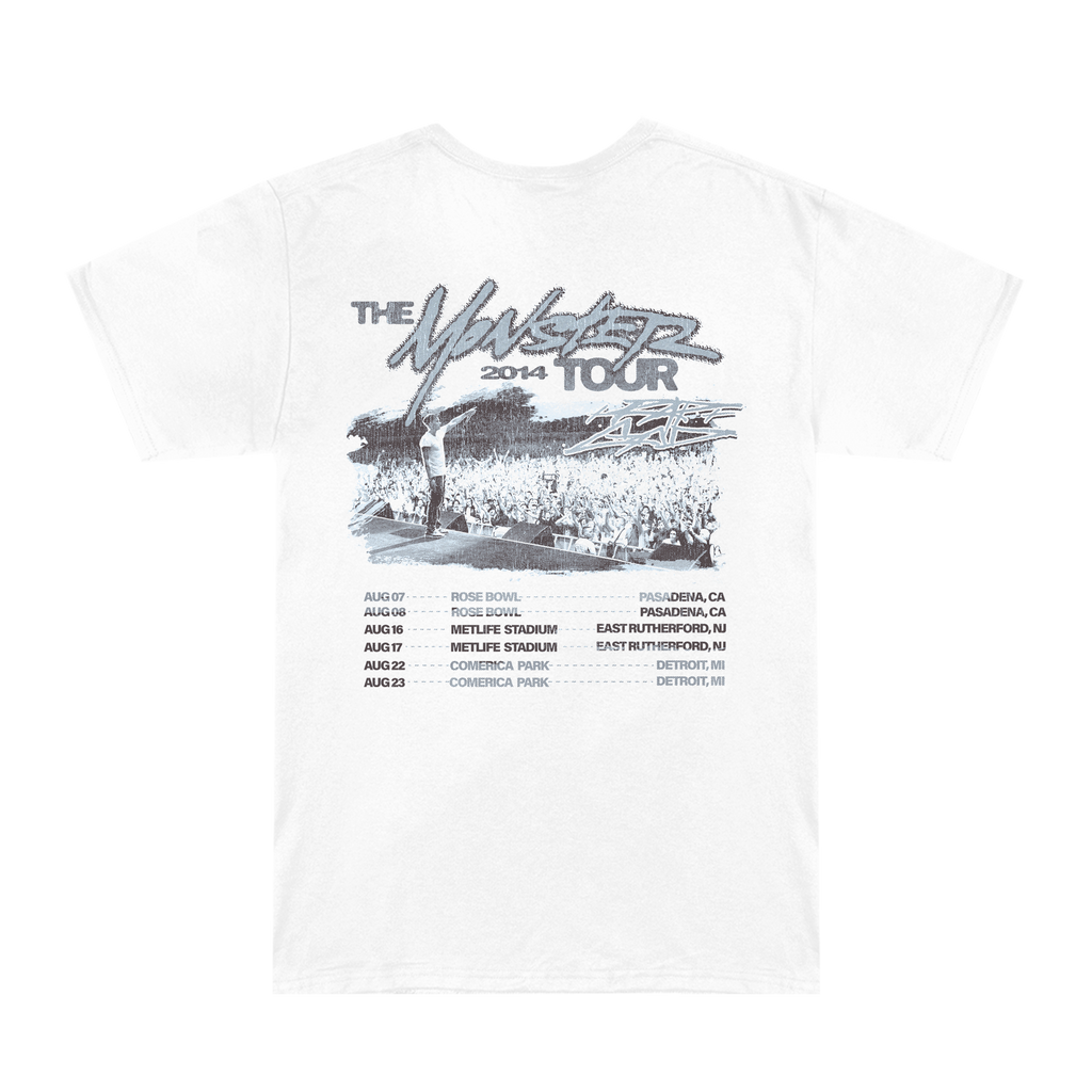 Back of the white Eminem MMLP2 Monster Tour T-shirt with full tour routing list