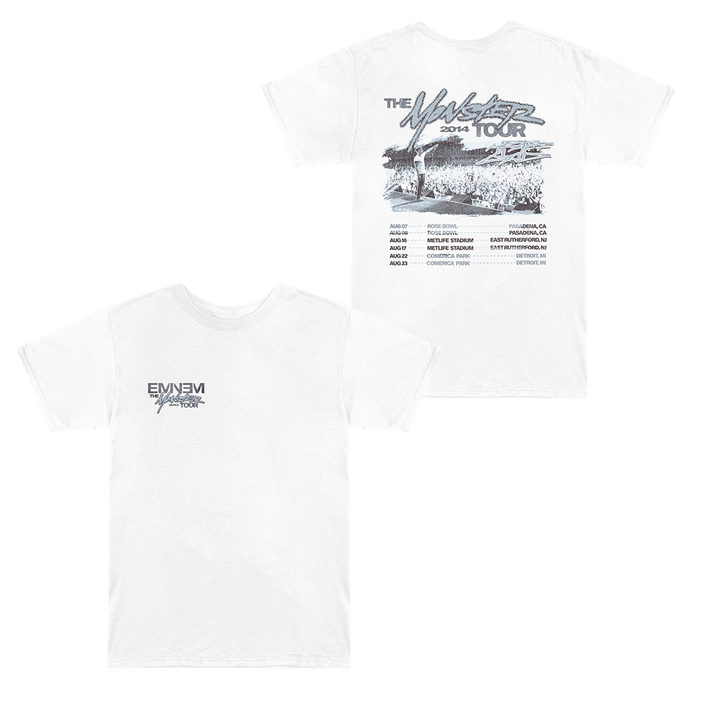 White Eminem MMLP2 Monster Tour T-shirt front and back flat lay with tour date print