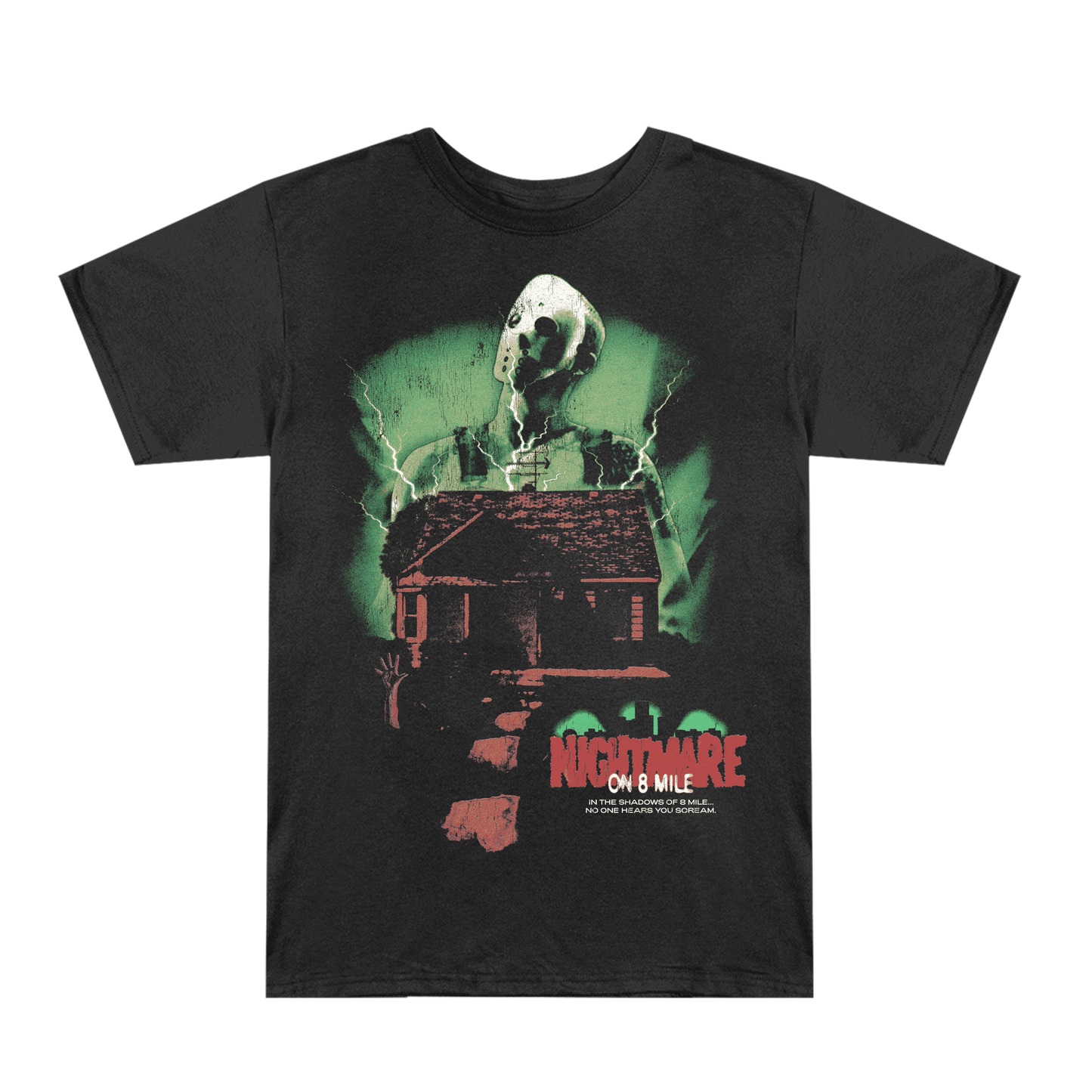 Front of the black Eminem Nightmare on 8 Mile T-shirt with haunted house graphic
