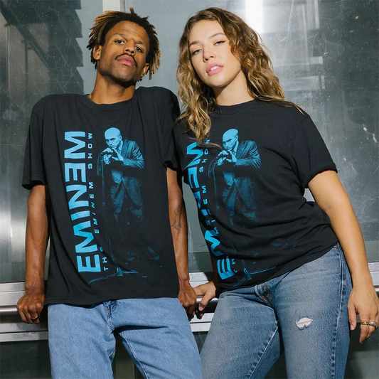 Two models in black Eminem Show On The Mic T-shirts with blue vertical Eminem logo prints