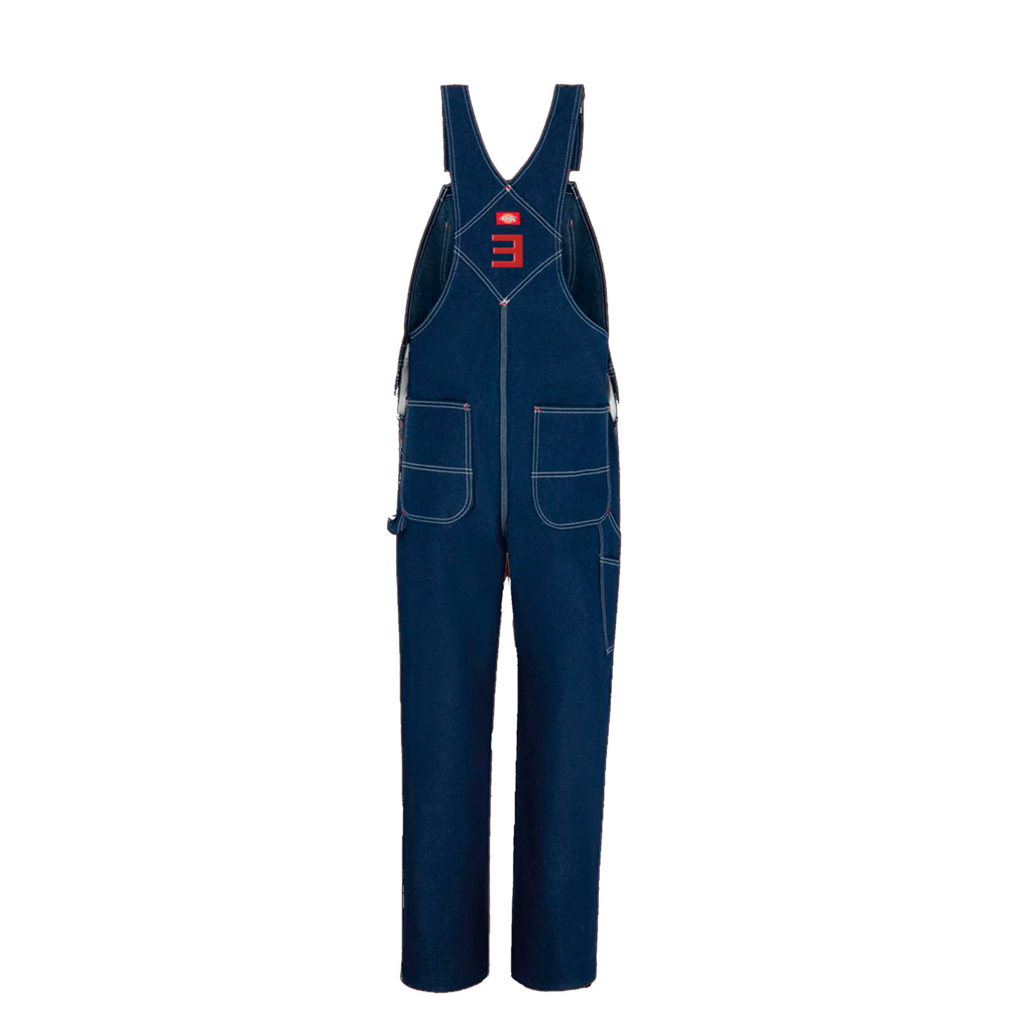 Eminem Stan denim overalls flat lay in dark blue with red E logo bib print