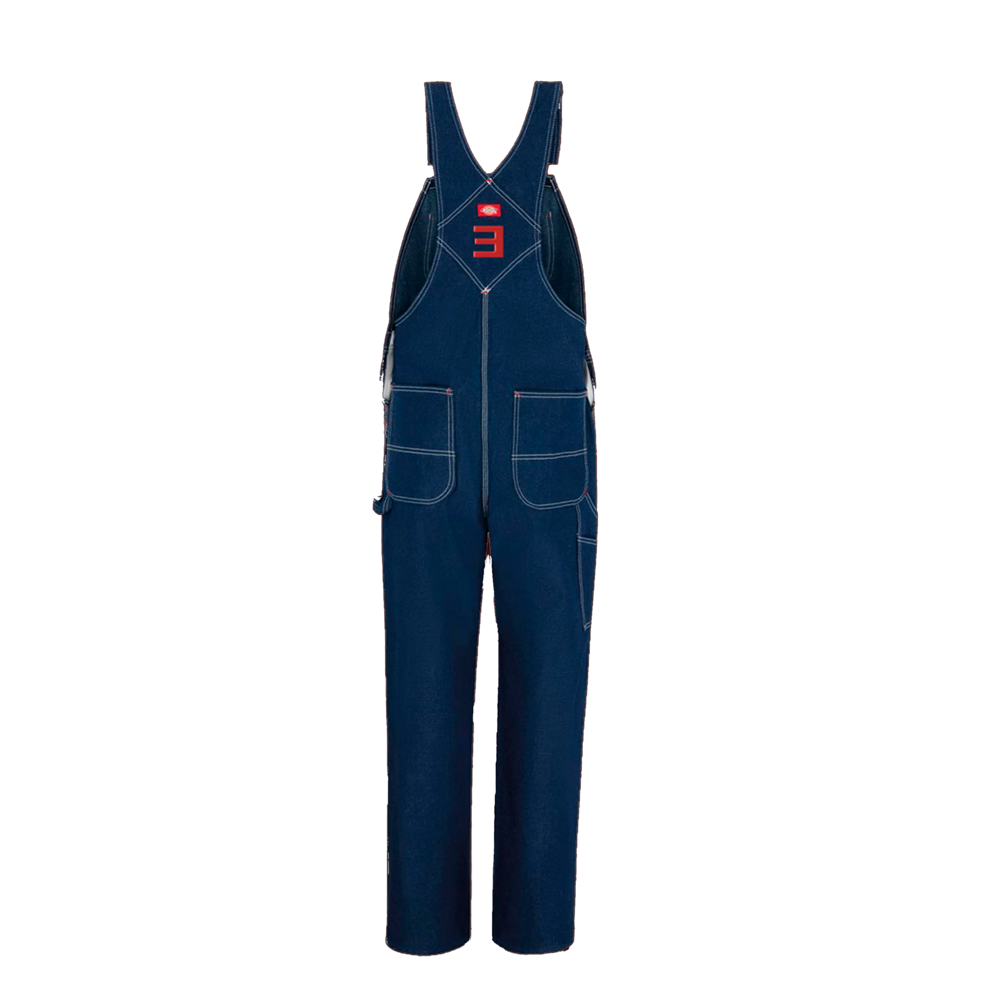 Eminem Stan denim overalls flat lay in dark blue with red E logo bib print