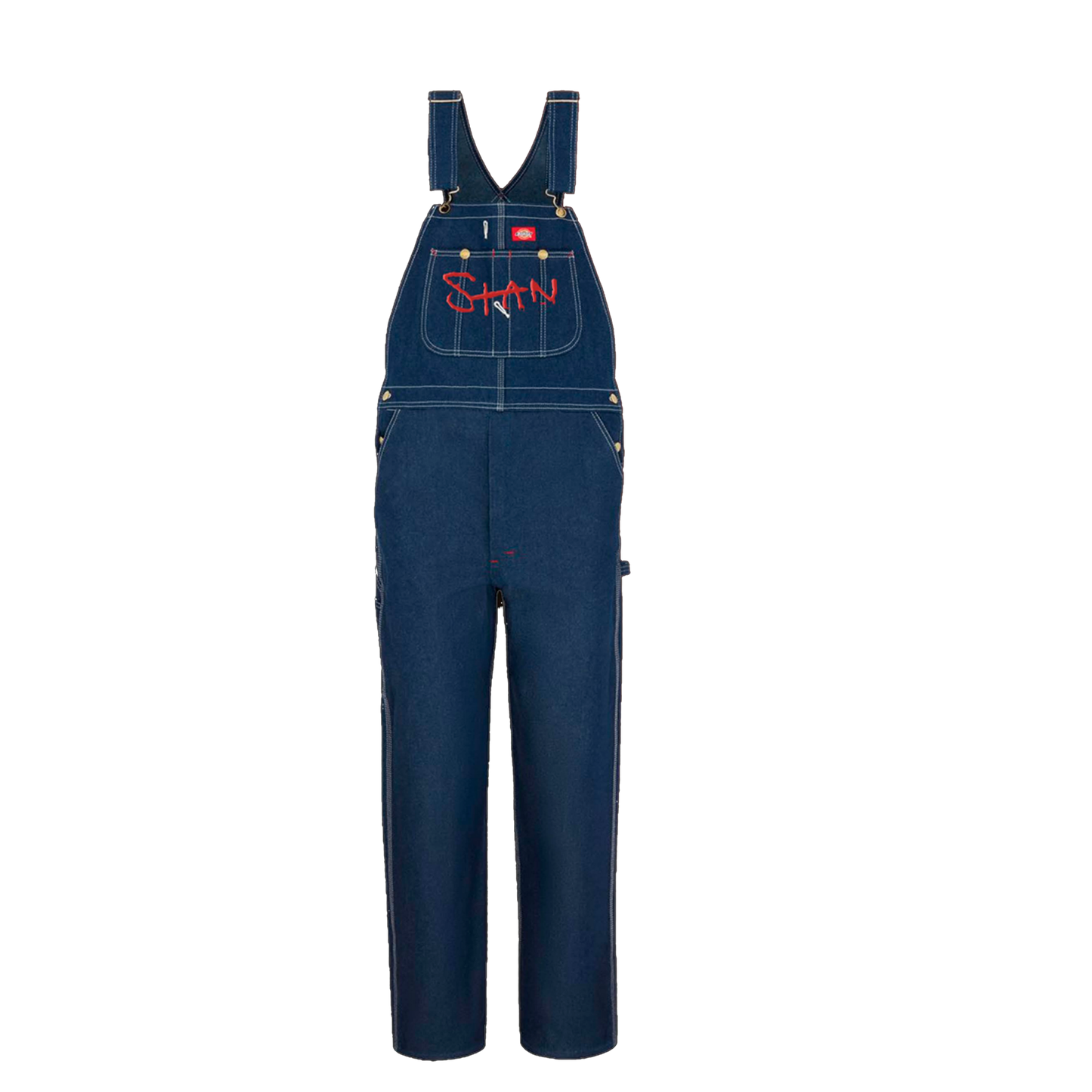 Eminem Stan denim overalls flat lay showing the red Stan graffiti bib print
