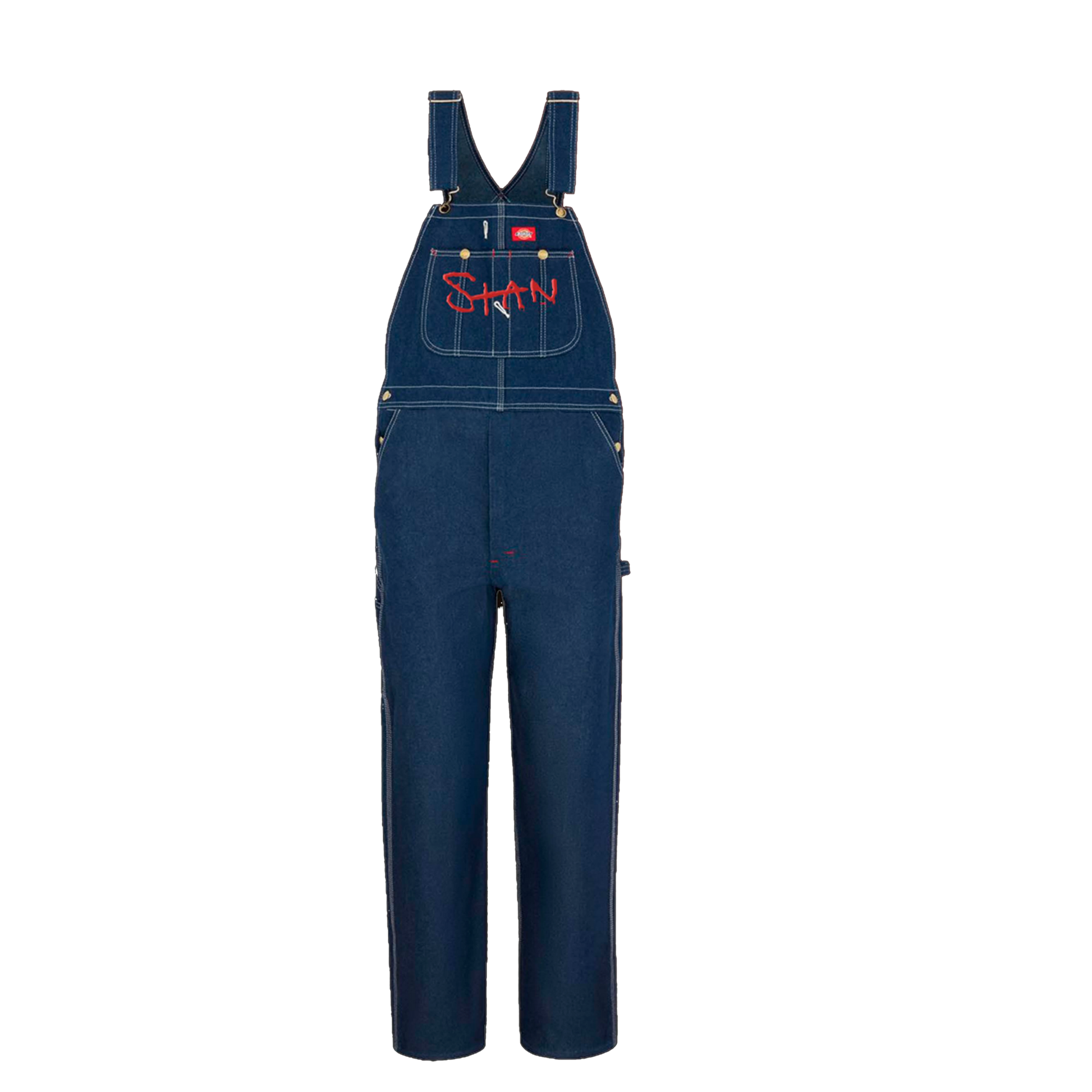 Eminem Stan denim overalls flat lay showing the red Stan graffiti bib print