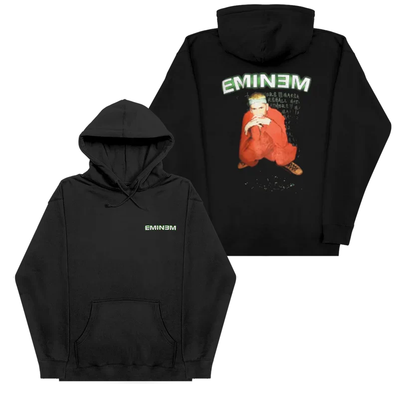 Black Eminem Orange Jumpsuit hoodie front and back flat lay with green logo and portrait