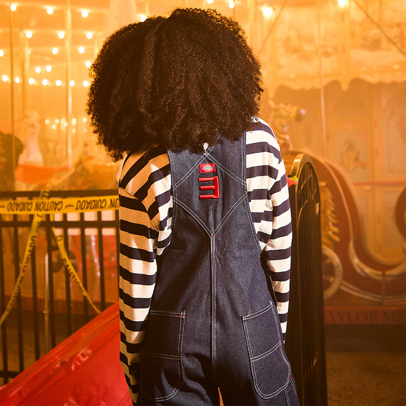 Back view of the Eminem Stan denim overalls with red E logo detail